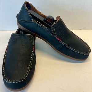 Olukai Nohea Nubuck Womens 7.5 Black Leather Slip On Loafers Shoes, preowned